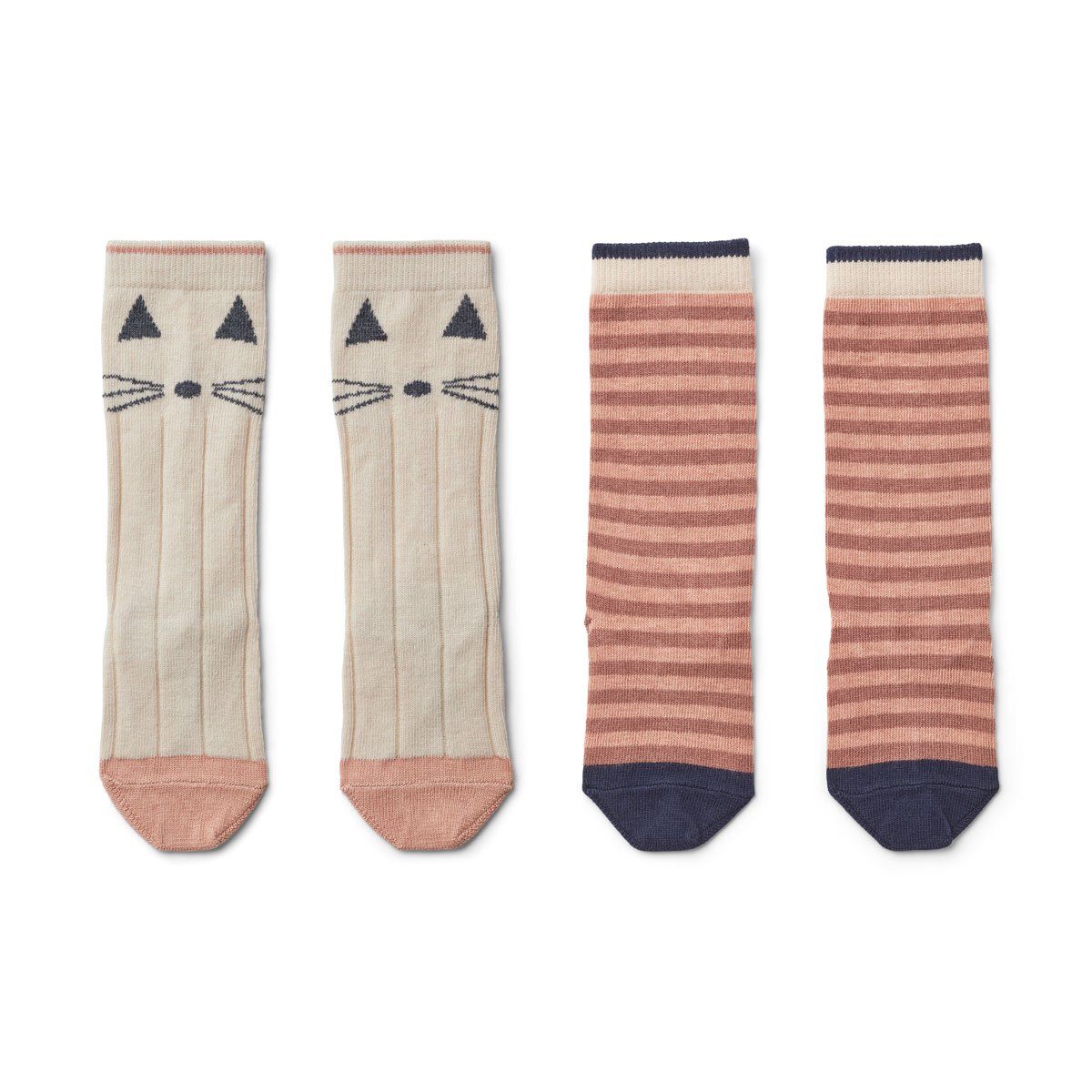 Liewood Sofia Cotton Knee Socks 2 Pack – Cat / Stripe Coral Blush